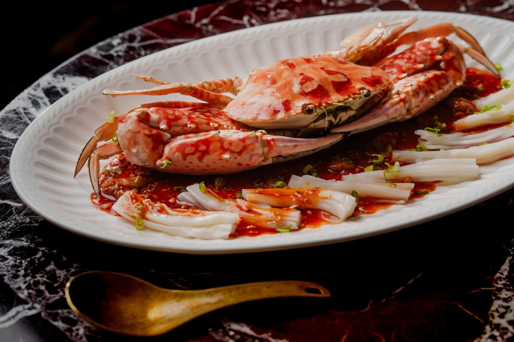 Duddell’s steamed fresh flower crab with rice noodles and plum. Photo: Duddell’s Duddell’s steamed fresh flower crab with rice noodles and plum. Photo: Duddell’s