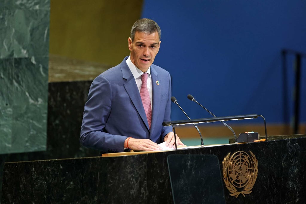 Spain’s Prime Minister Pedro Sanchez speaks during a United Nations Summit on Palestinians at UN headquarters in New York on Monday. Photo: AFP