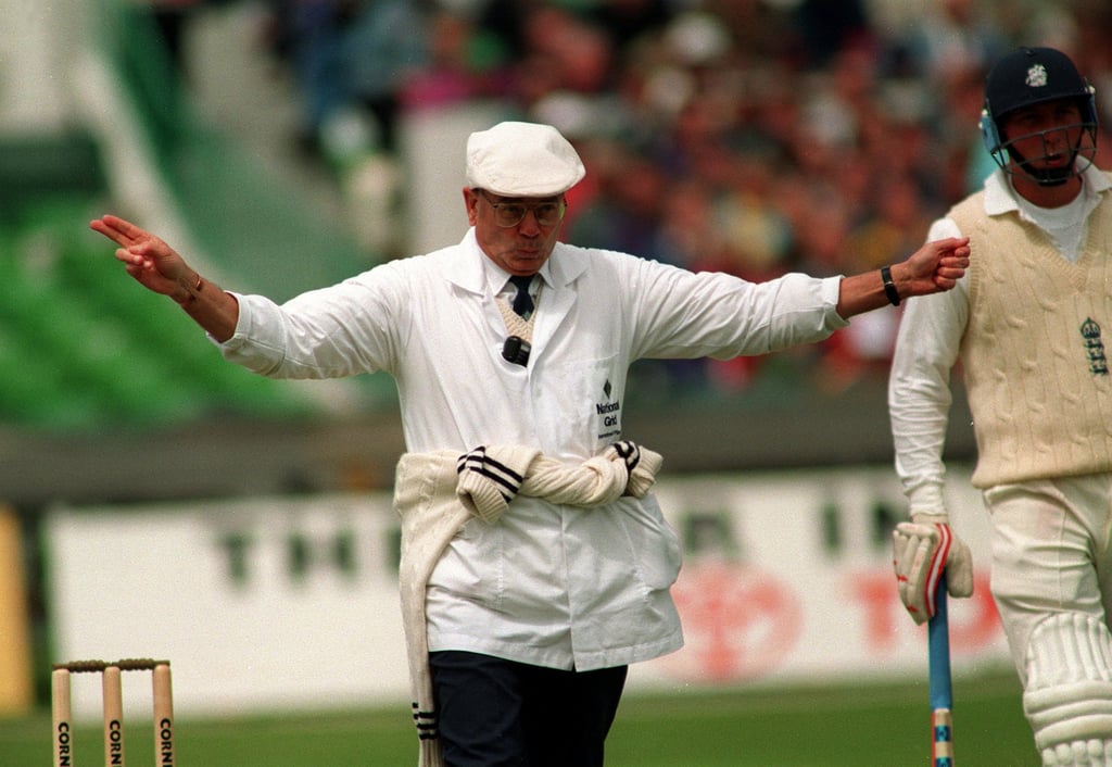 Umpire Dickie Bird signals a wide during the first Test between England and New Zealand at Trent Bridge on June 2, 1994. Photo: Action Images
