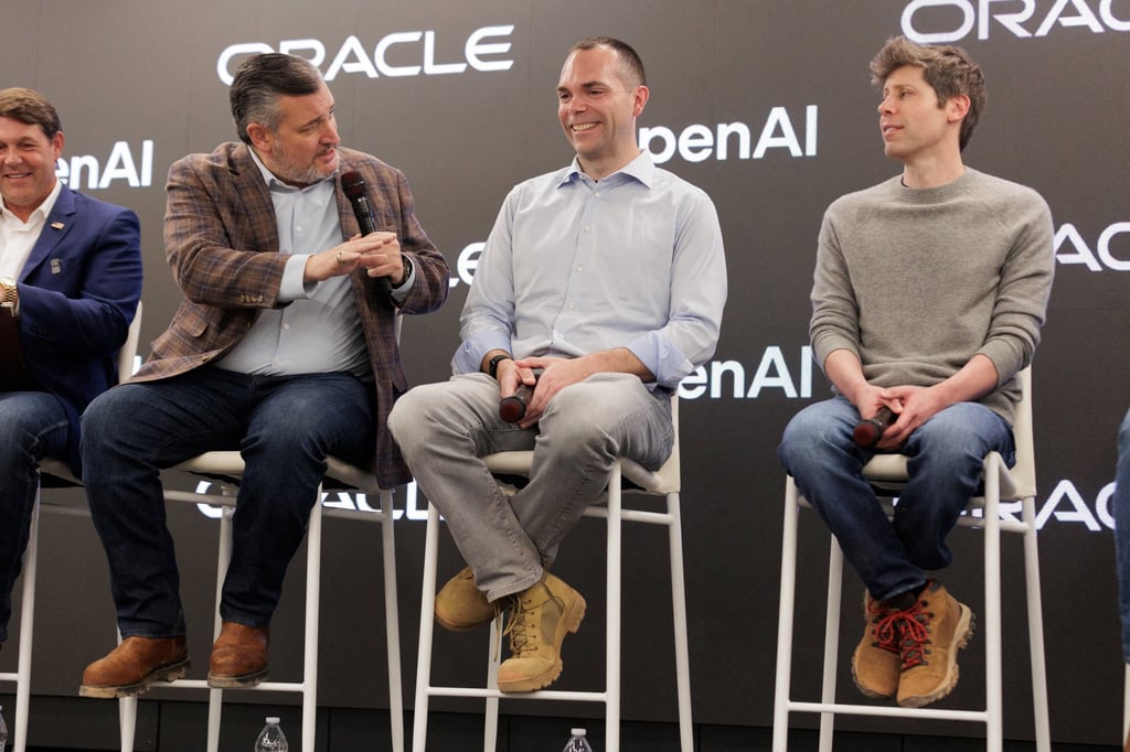 Senator Ted Cruz speaks to Oracle CEO Clay Magouyrk and OpenAI CEO Sam Altman following a tour of the OpenAI data centre in Abilene, Texas, September 23, 2025. Photo: Reuters