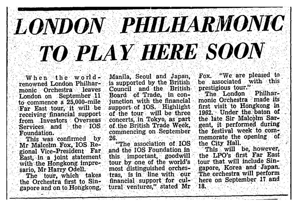 How the South China Morning Post reported the London Philharmonic Orchestra’s tour of Asia in 1969. Photo: SCMP Archives
