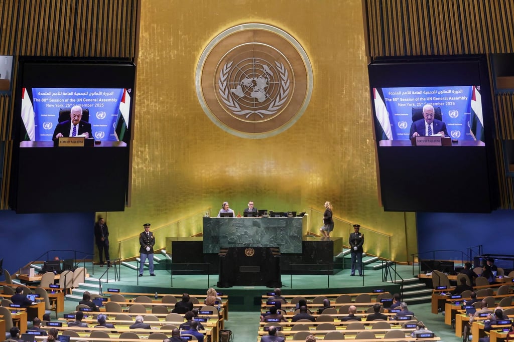 President of the State of Palestine Mahmoud Abbas speaks via video conference during the General Debate of the 80th session of the UN General Assembly at UN headquarters in New York on Thursday. Photo: EPA