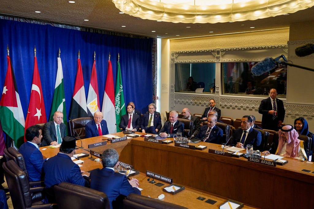 US President Donald Trump (at the table’s head) speaks to a group at the UN General Assembly on Tuesday that includes Pakistani Prime Minister Shehbaz Sharif, among others. Photo: Reuters