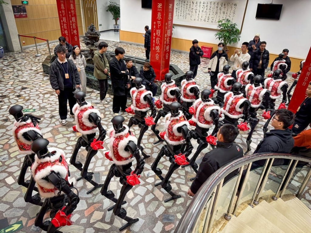 Unitree robots joined a troop of dancers to perform the Yangge, a folk dance originating in the northeastern region of China, for the Chinese New Year on January 29. Photo: Handout