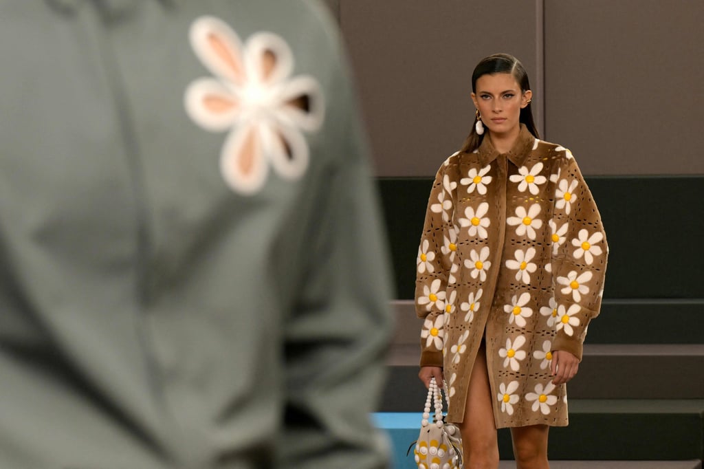 Flower patterns on a fur coat and a floral cut-out on a jacket at Fendi spring/summer 2026. Photo: AFP Flower patterns on a fur coat and a floral cut-out on a jacket at Fendi spring/summer 2026. Photo: AFP