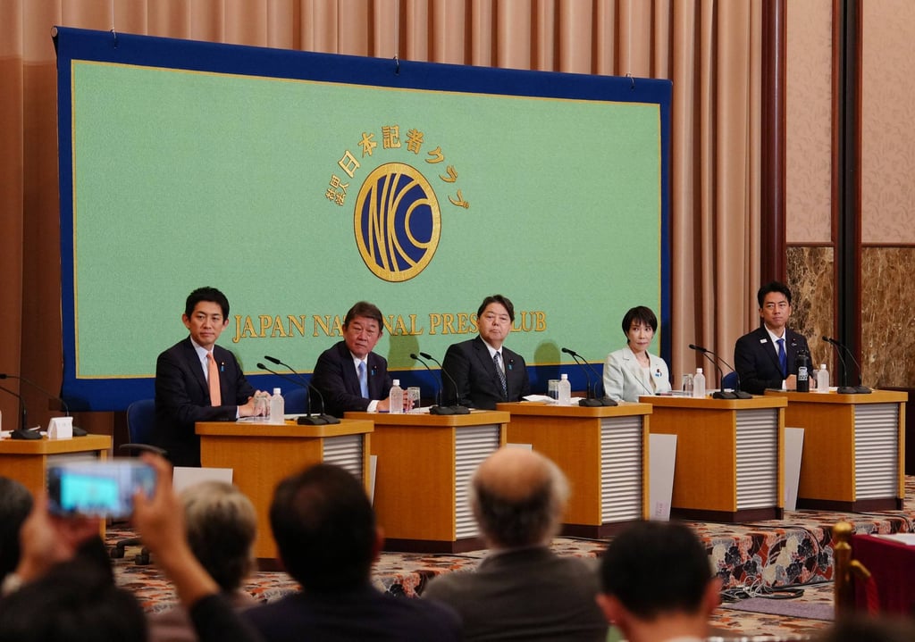 From left: Japan’s former economic security minister Takayuki Kobayashi, former LDP secretary general Toshimitsu Motegi, Japan’s Chief Cabinet Secretary Yoshimasa Hayashi, former economic security minister Sanae Takaichi, and Japan’s Agriculture Minister Shinjiro Koizumi take part in the Liberal Democratic Party (LDP) presidential election candidate debate in Tokyo on Wednesday. Photo: AFP