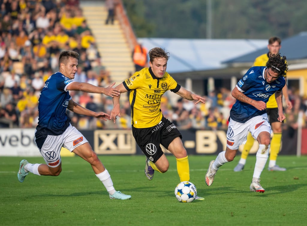 Mjallby’s Jeppe Kjaer Jensen drives the ball in their 1-0 home win over Halmstad last month. Photo: AP