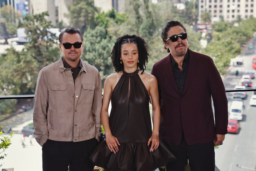 Leonardo DiCaprio, Chase Infiniti and Benicio del Toro pose in Mexico City during a press conference for their film One Battle After Another. Photo: EPA