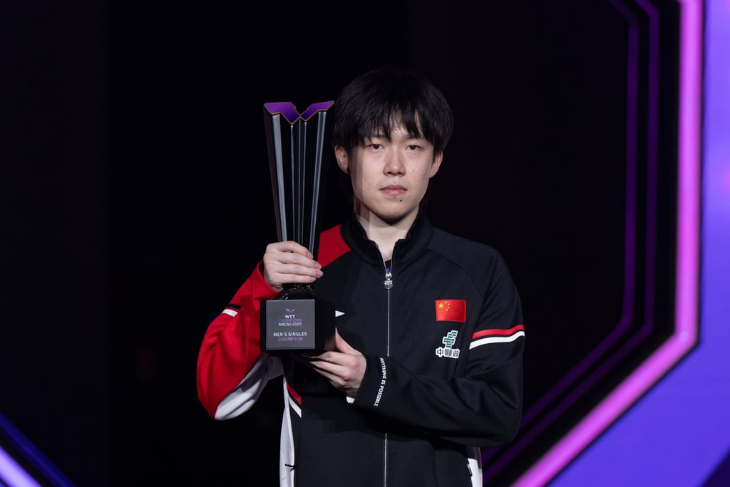 Wang Chuqin of China with the WTT Champions Macau trophy earlier this month. Photo: Xinhua