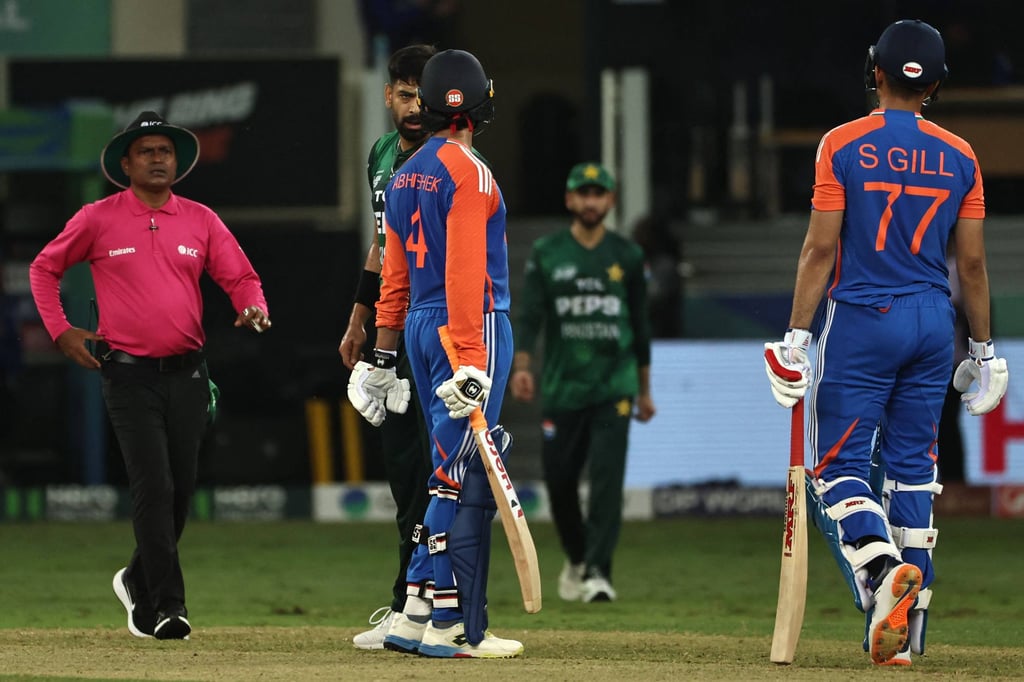Pakistan’s Haris Rauf exchanges words with India’s Abhishek Sharma during their second game of the 2025 Asia Cup. Photo: AFP Pakistan’s Haris Rauf exchanges words with India’s Abhishek Sharma during their second game of the 2025 Asia Cup. Photo: AFP