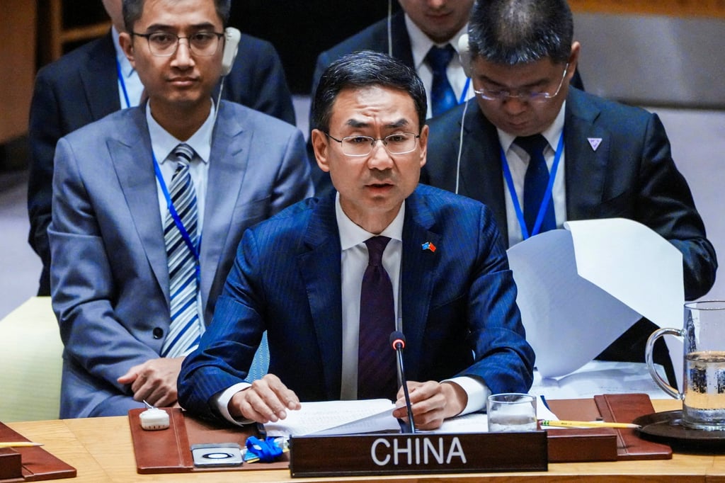 Geng Shuang, China’s deputy UN envoy, speaks after the UN vote in New York on Friday. Photo: Reuters