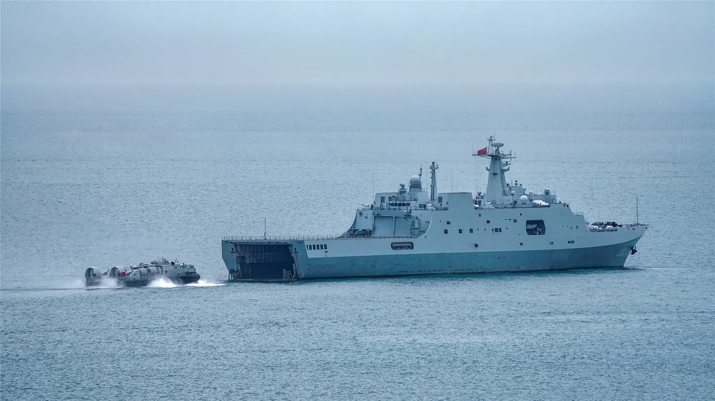 The Yimeng Shan takes part in an exercise in June 2022. The vessel is the fourth of the PLA Navy’s Type 071 amphibious transport docks. Photo: Handout