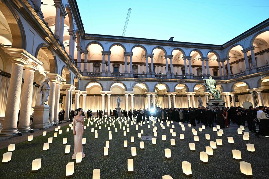 The courtyard of the Pinacoteca di Brera Museum before the Giorgio Armani spring/summer 2026 show. Photo: AFP