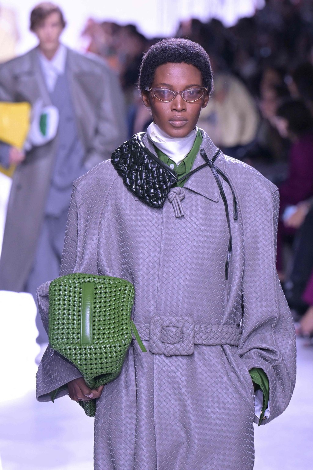 An entire look made from the Intrecciato woven pattern at Bottega Veneta. Photo: AFP