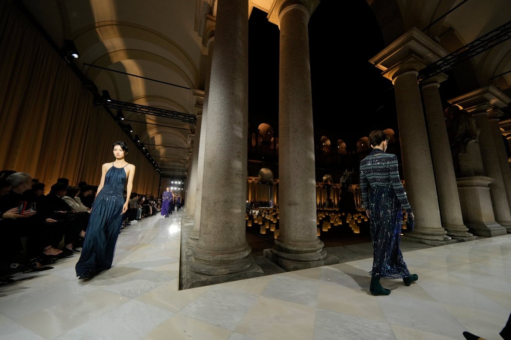 Shimmering surfaces dominated the Armani spring/summer 2026 show. Photo: AP