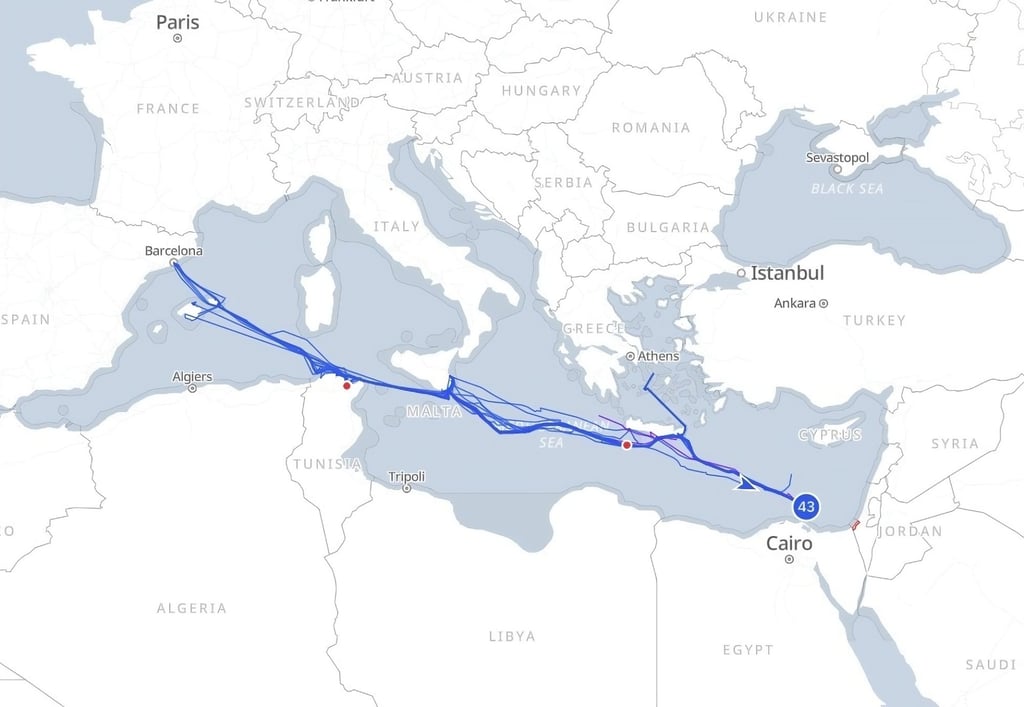 A screengrab of a tracker on the Global Sumud Flotilla’s website showing the convoy’s progress towards Gaza as of Wednesday. Image: Global Sumud Flotilla