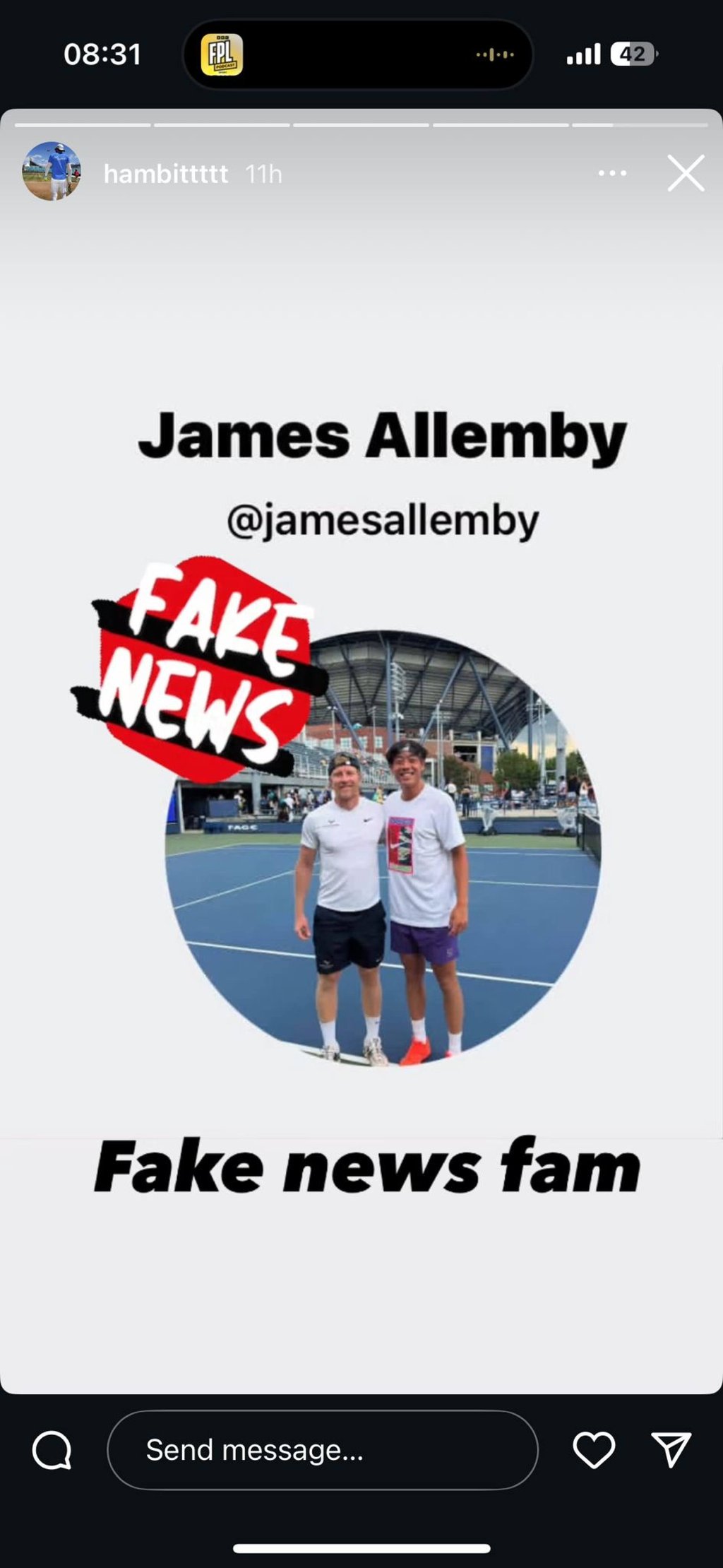 A screengrab from Allemby’s official account warning followers about the fake page. Photo: Instagram/hambitttt A screengrab from Allemby’s official account warning followers about the fake page. Photo: Instagram/hambitttt