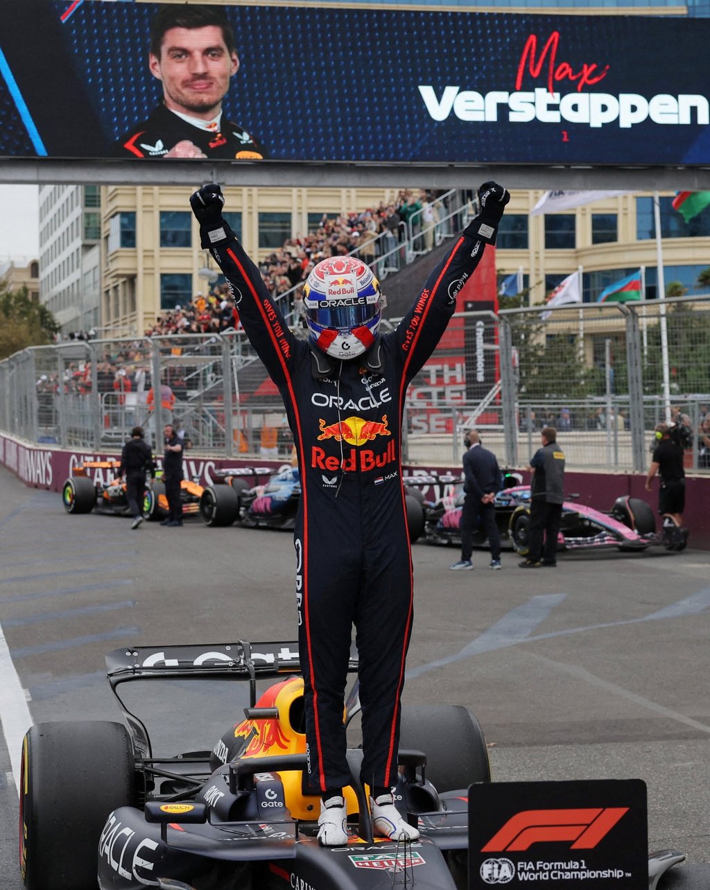 Max Verstappen celebrates after winning the Azerbaijan Grand Prix in Baku on September 21. Photo: Reuters