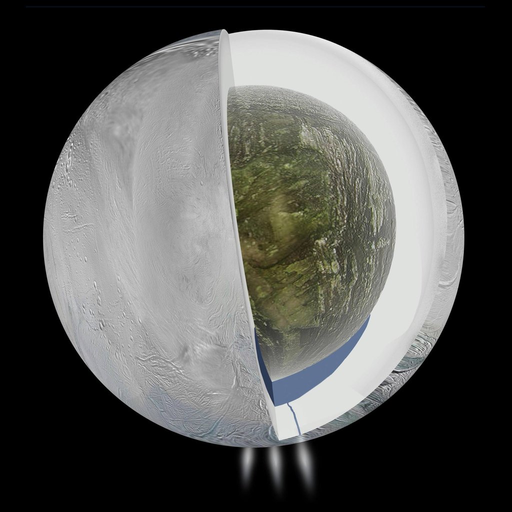 A diagram illustrates the possible interior of Saturn’s moon Enceladus in April 2014. Photo: Nasa/JPL-Caltech