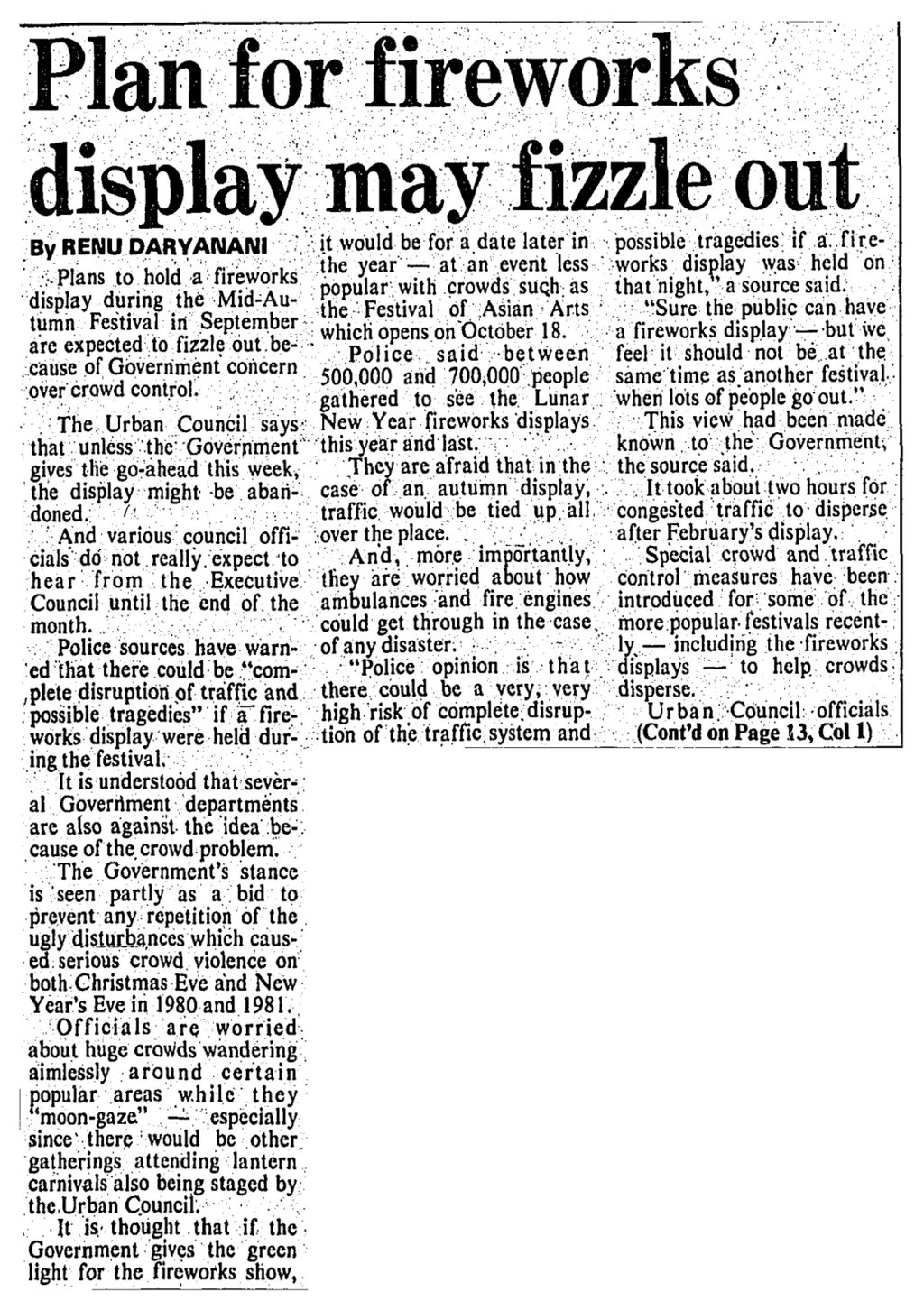 “Plans to hold a fireworks display during the Mid-Autumn Festival in September are expected to fizzle out because of Government concern over crowd control,” reported the South China Morning Post on July 12, Photo. Credit: SCMP Archives