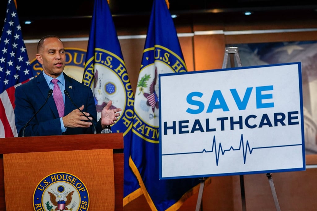 US House Democratic Leader Hakeem Jeffries speaks during a press conference at the US Capitol on Friday. Photo: Reuters