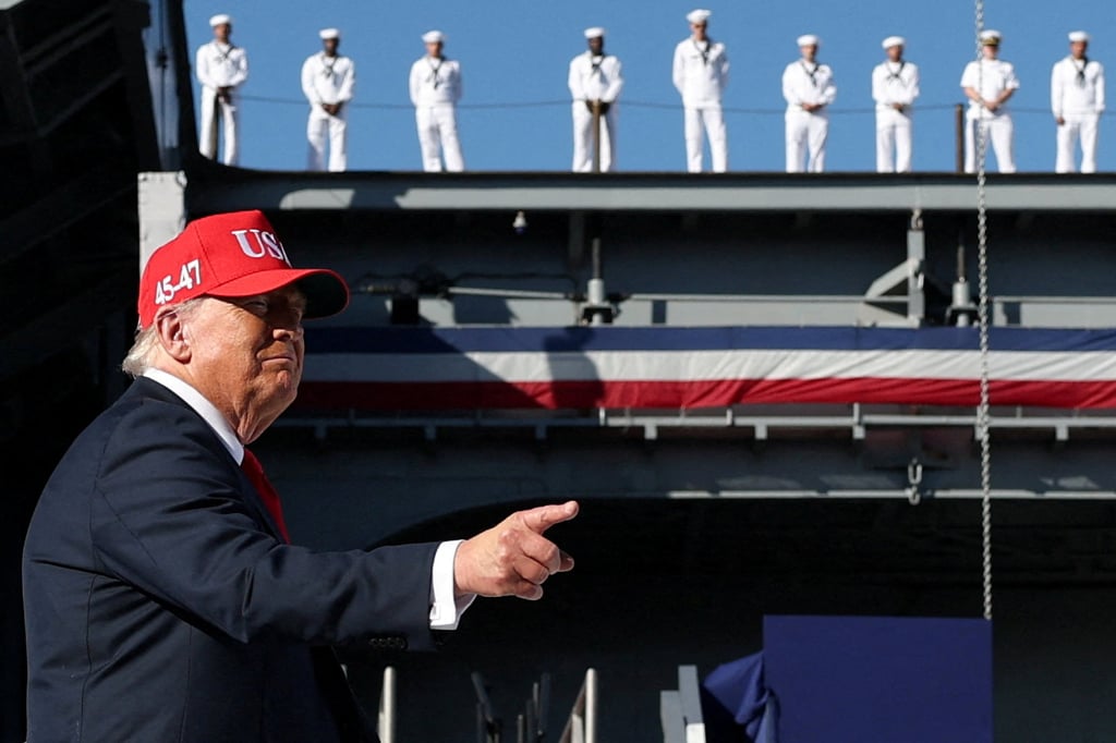 US President Donald Trump during a visit to Naval Station Norfolk on Sunday. Photo: Reuters