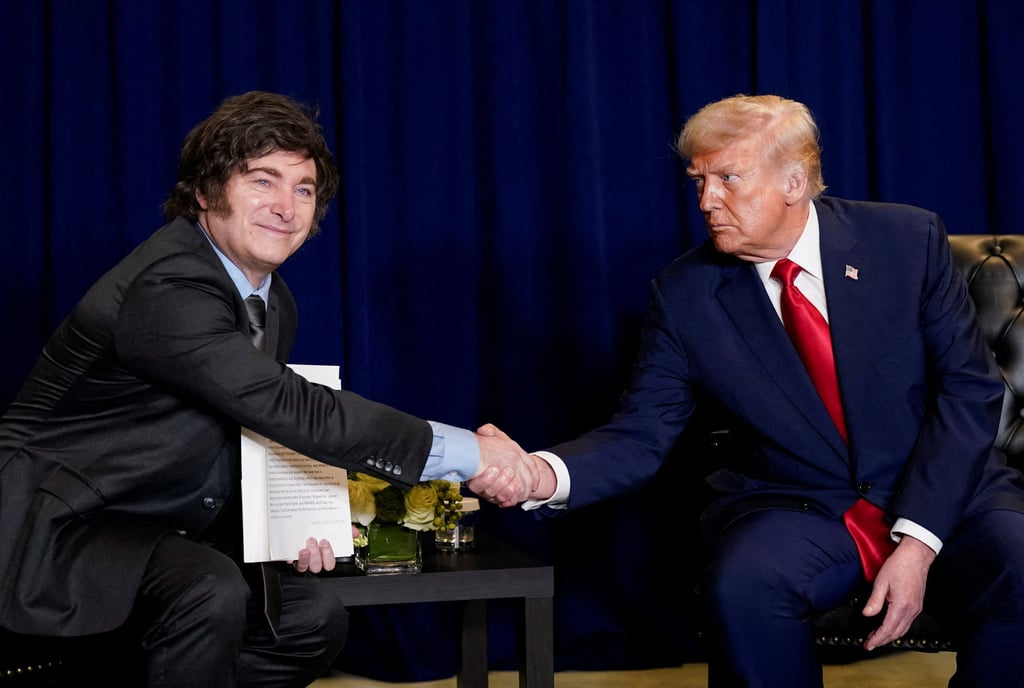 Argentine President Javier Milei (left) shakes hands with US President Donald Trump as they meet during the 80th United Nations General Assembly last month in New York City. Photo: Reuters