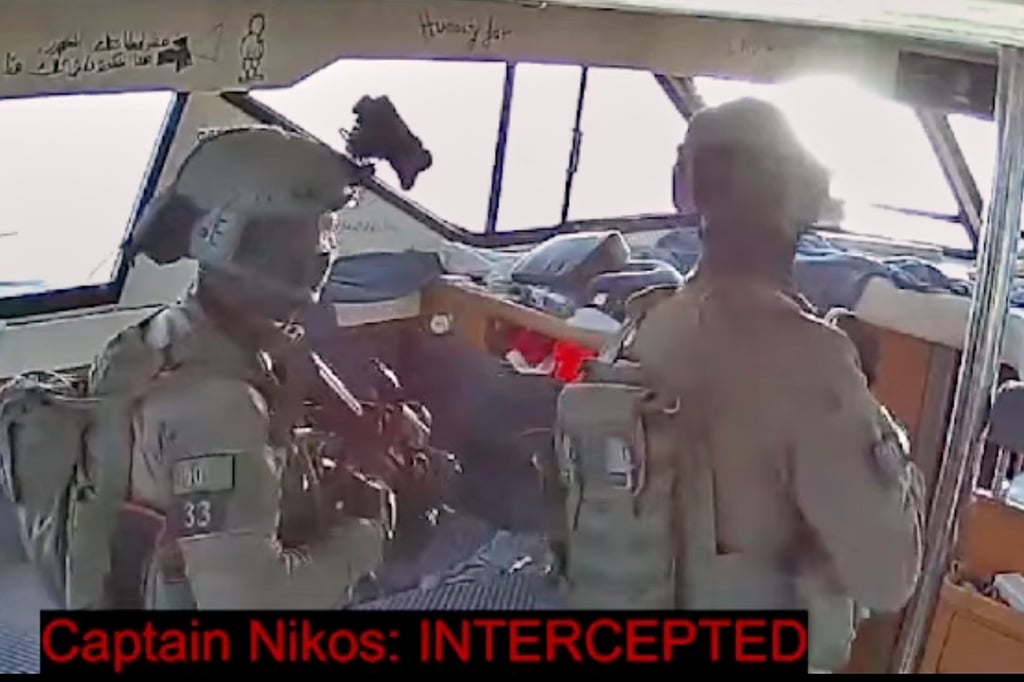 Israeli navy soldiers aboard one of the flotilla’s vessels after it was intercepted last Thursday. Photo: Global Sumud Flotilla via AP