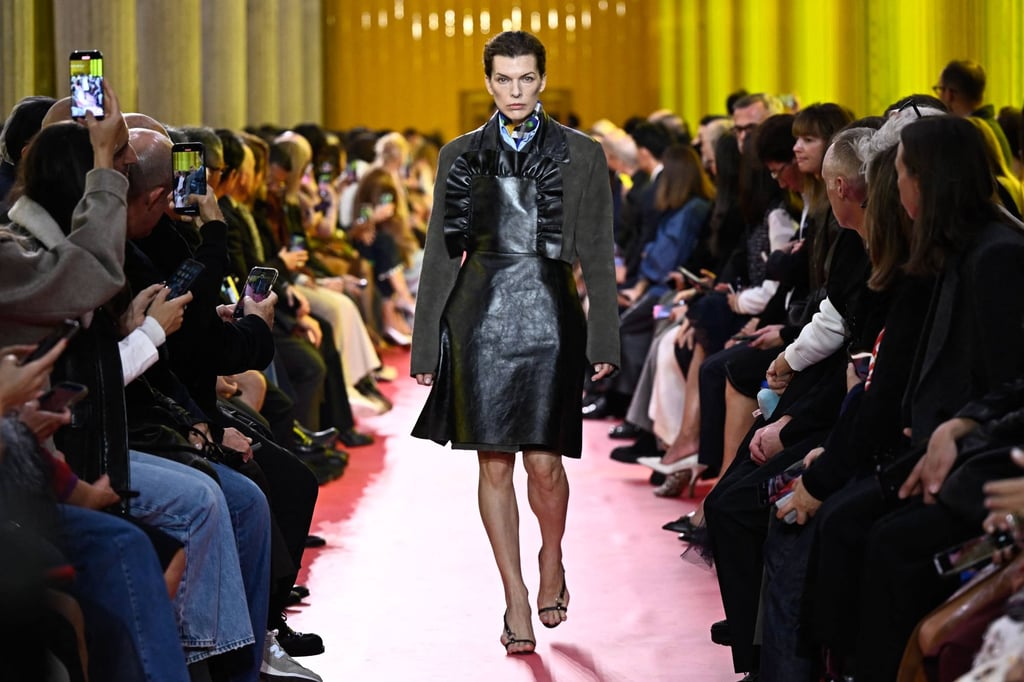 A leather apron with ruffles at Miu Miu. Photo: AFP A leather apron with ruffles at Miu Miu. Photo: AFP
