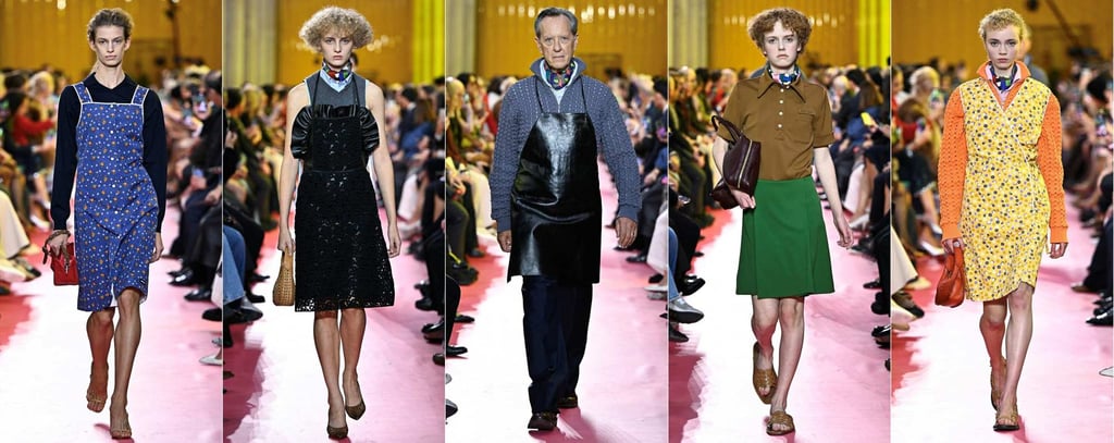 Aprons and luxury workwear by Miu Miu were modelled by the likes of British actor Richard E. Grant (centre). Photo: AFP Aprons and luxury workwear by Miu Miu were modelled by the likes of British actor Richard E. Grant (centre). Photo: AFP