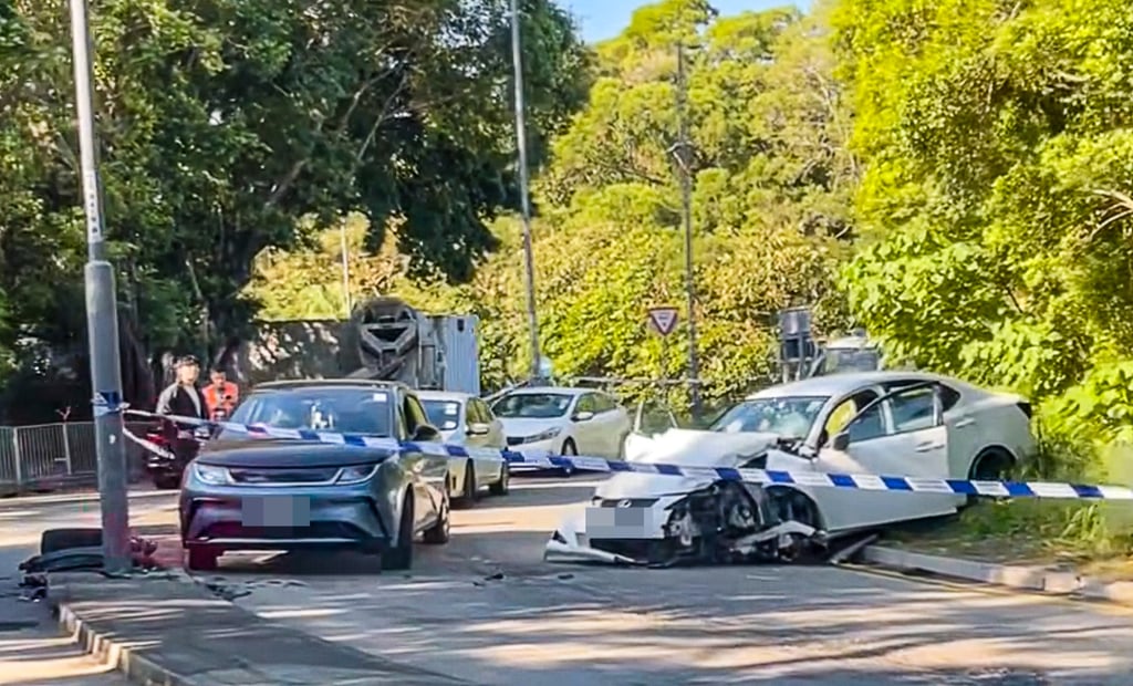 Suspect Forest Tang was arrested last Saturday as he and a 22-year-old accomplice attempted to get into another car after crashing into a pillar on San Tam Road in San Tin. Photo: Handout