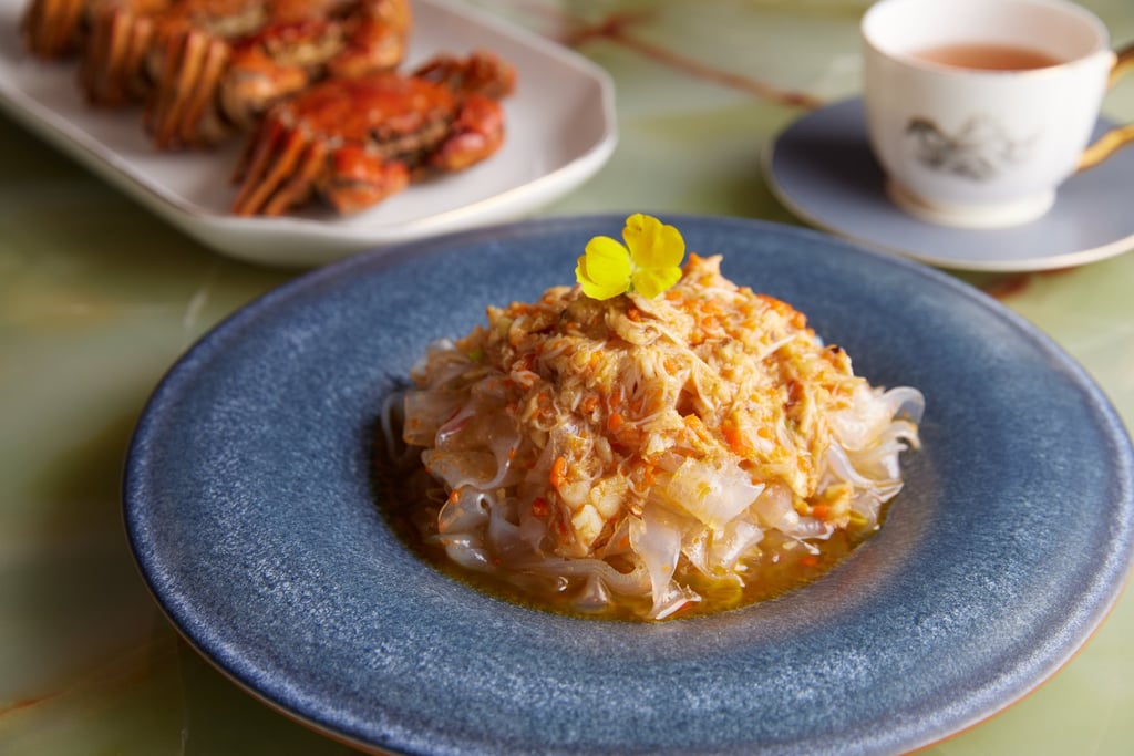 Crab roe with green nean noodles is one dish on The Merchants’ Hairy Crab Journey menu. Photo: Handout