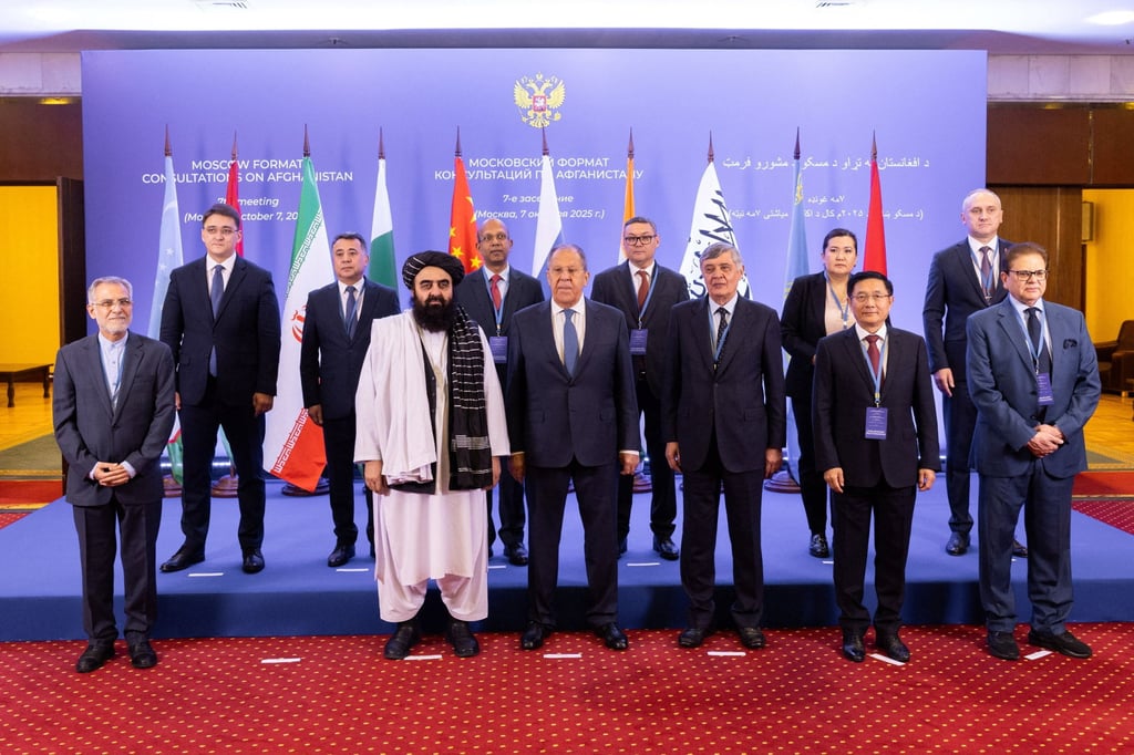 Participants of the 7th Moscow Format Consultations on Afghanistan in Moscow pose for a picture in Moscow on Tuesday. Photo: Reuters
