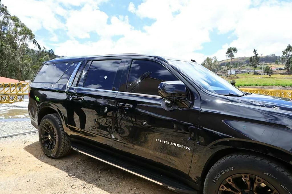 One of the vehicles in Ecuador President Daniel Noboa’s motorcade shows signs of damage in Canar, Ecuador, on Tuesday. Photo: Ecuadorian Presidency via AFP