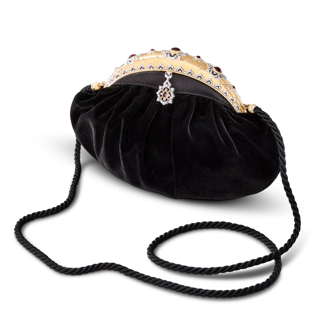 This black silk design embellished with fine jewels is one of three clutch bags presented by Buccellati. Photo: Handout This black silk design embellished with fine jewels is one of three clutch bags presented by Buccellati. Photo: Handout