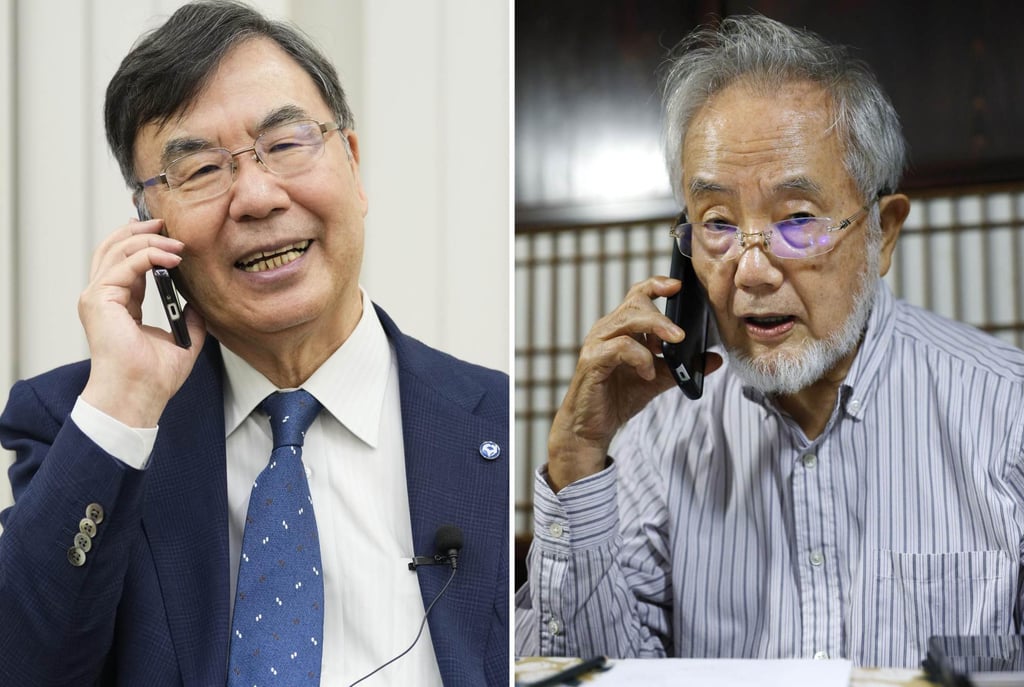 Shimon Sakaguchi (left) speaks on the phone to Yoshinori Ohsumi, winner of the Nobel Prize in physiology or medicine in 2016, on Tuesday. Photo: Kyodo Shimon Sakaguchi (left) speaks on the phone to Yoshinori Ohsumi, winner of the Nobel Prize in physiology or medicine in 2016, on Tuesday. Photo: Kyodo