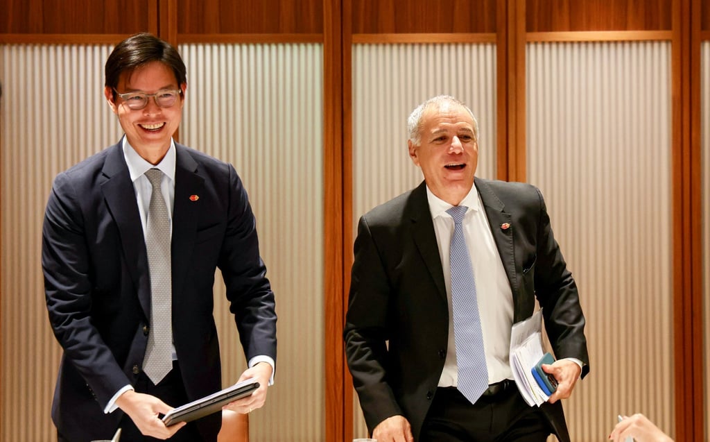 David Liao, left, HSBC’s co-CEO for Asia and the Middle East, and Georges Elhedery, HSBC group CEO, hold a press briefing on the privatisation plan. Photo: Jelly Tse David Liao, left, HSBC’s co-CEO for Asia and the Middle East, and Georges Elhedery, HSBC group CEO, hold a press briefing on the privatisation plan. Photo: Jelly Tse