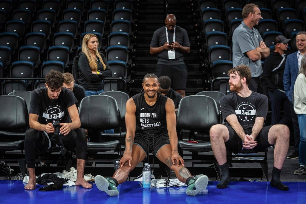 (From left) The Nets’ Ben Saraf, Tyson Etienne and Drew Timme at practice in Macau on Thursday. Photo: AFP (From left) The Nets’ Ben Saraf, Tyson Etienne and Drew Timme at practice in Macau on Thursday. Photo: AFP