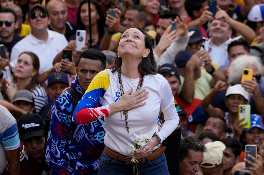 Venezuelan opposition leader Maria Corina Machado addresses supporters at a protest against President Nicolas Maduro in Caracas, Venezuela in January. Photo: AP Venezuelan opposition leader Maria Corina Machado addresses supporters at a protest against President Nicolas Maduro in Caracas, Venezuela in January. Photo: AP