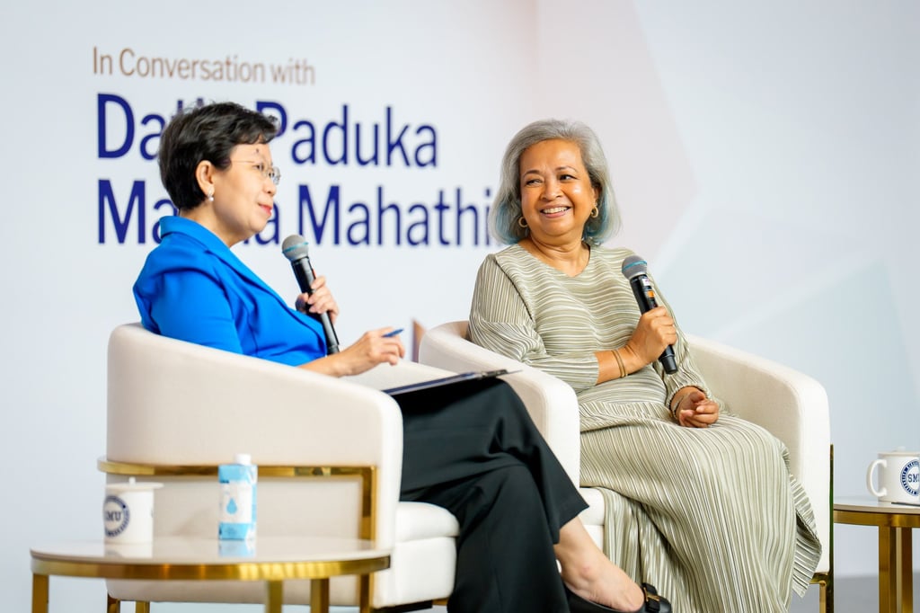 Singapore Management University President Professor Lily Kong (left) in conversation with Marina Mahathir (right) at the Inspiring Women Leadership Lecture Series on Friday. Photo: Singapore Management University