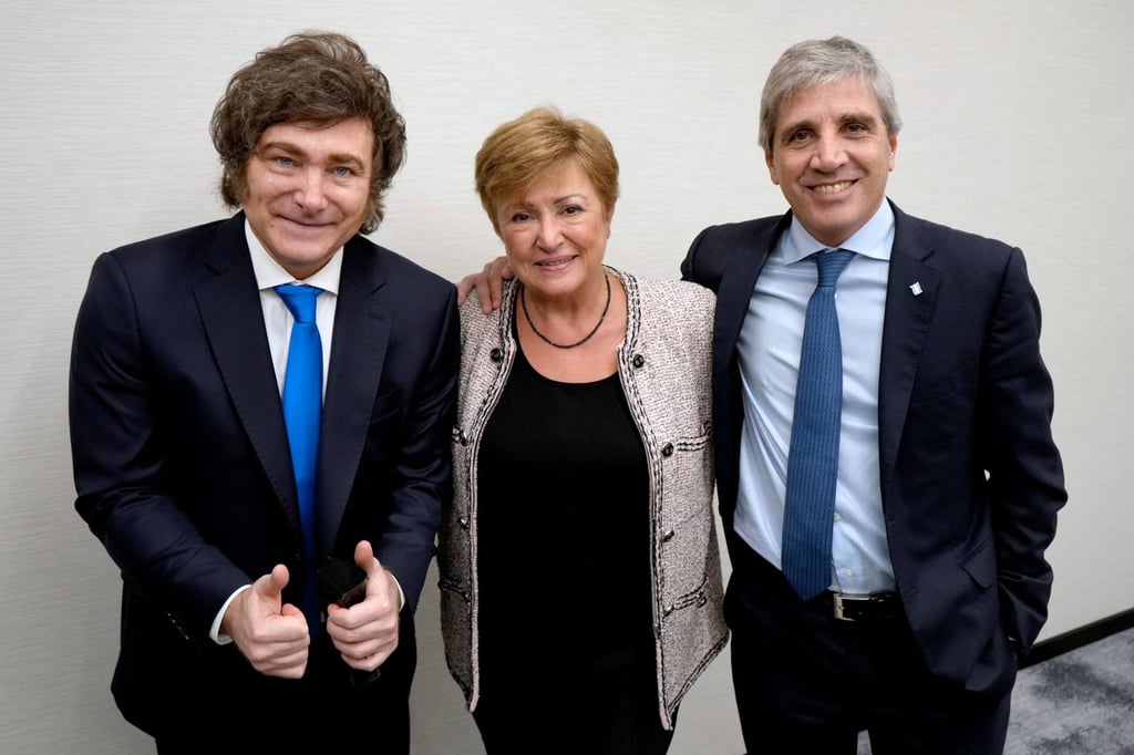Argentina’s President Javier Milei (left) and Economy Minister Luis Caputo pose for a picture with IMF Managing Director Kristalina Georgieva in New York in September. Photo: Argentina’s Presidency Press Office via AFP Argentina’s President Javier Milei (left) and Economy Minister Luis Caputo pose for a picture with IMF Managing Director Kristalina Georgieva in New York in September. Photo: Argentina’s Presidency Press Office via AFP
