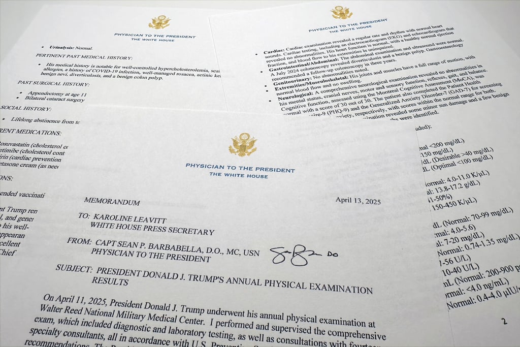The report on President Donald Trump’s health after his physical on April 11. Photo: AP The report on President Donald Trump’s health after his physical on April 11. Photo: AP