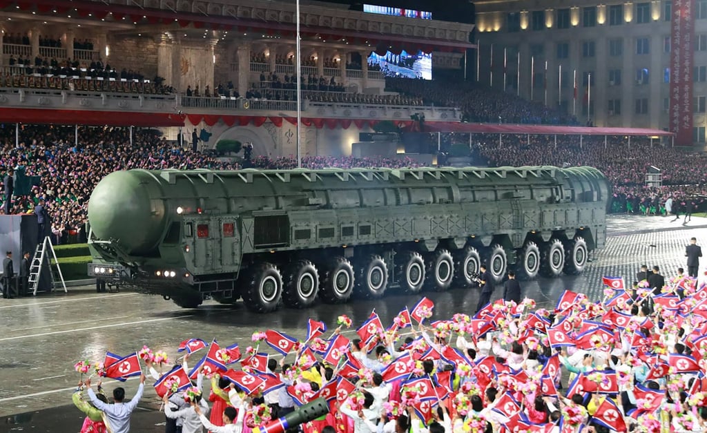 In this photo released on Saturday, the Hwasong-20 is showcased during Friday’s military parade in Pyongyang. Photo: KCNA/AFP In this photo released on Saturday, the Hwasong-20 is showcased during Friday’s military parade in Pyongyang. Photo: KCNA/AFP