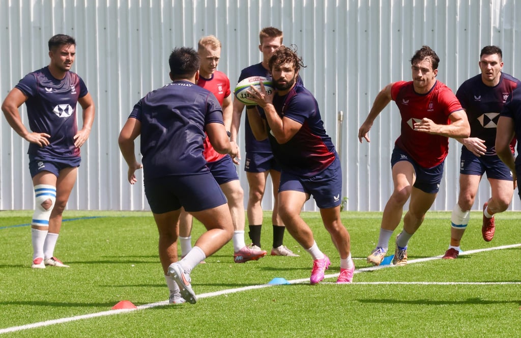 Wing Guy Spanton (with ball) in training with the Hong Kong squad. Photo: Jonathan Wong Wing Guy Spanton (with ball) in training with the Hong Kong squad. Photo: Jonathan Wong