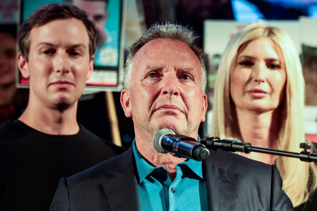 US Special Envoy to the Middle East Steve Witkoff is flanked by Jared Kushner and Ivanka Trump as he speaks in Tel Aviv, Israel, on Saturday. Photo: Reuters