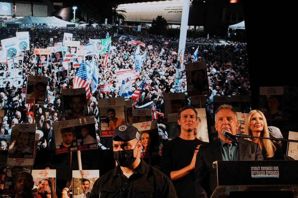 US Special Envoy to the Middle East Steve Witkoff speaks during a rally in Tel Aviv, Israel, on Saturday. Photo: AP US Special Envoy to the Middle East Steve Witkoff speaks during a rally in Tel Aviv, Israel, on Saturday. Photo: AP