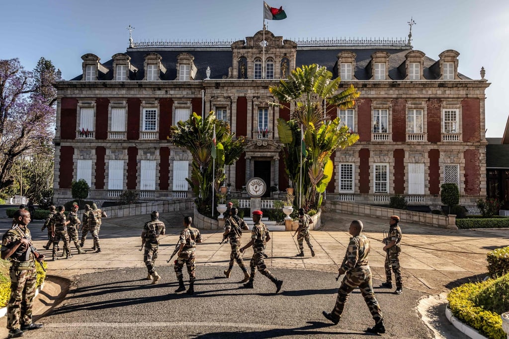 Members of Madagascar’s CAPSAT military unit at the presidential palace. Photo: AFP