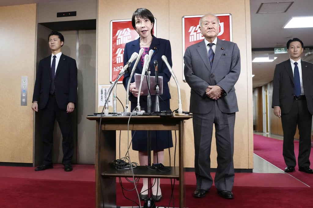 Sanae Takaichi, president of the LDP, speaks at the party’s headquarters on Friday following Komeito’s decision to exit the ruling coalition. Photo: Kyodo Sanae Takaichi, president of the LDP, speaks at the party’s headquarters on Friday following Komeito’s decision to exit the ruling coalition. Photo: Kyodo
