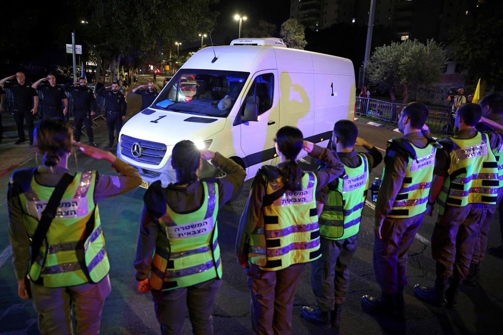 A vehicle delivered the bodies of four hostages to the National Centre for Forensic Medicine in Tel Aviv as part of a prisoner exchange between Israel and Palestinians in Gaza. Photo: Xinhua A vehicle delivered the bodies of four hostages to the National Centre for Forensic Medicine in Tel Aviv as part of a prisoner exchange between Israel and Palestinians in Gaza. Photo: Xinhua