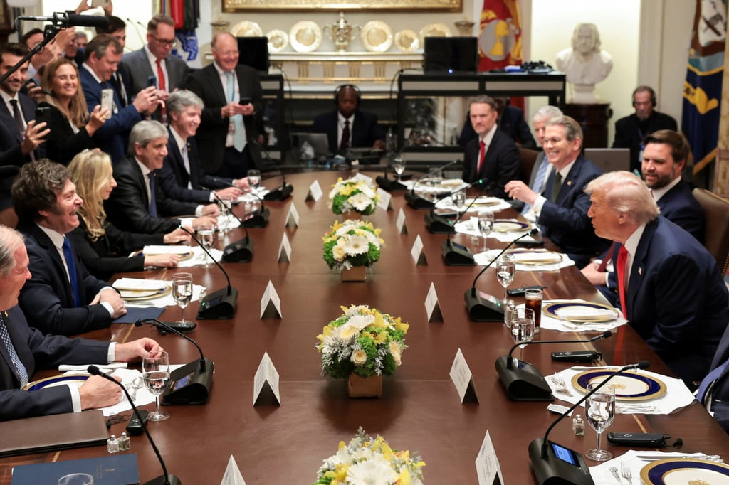 US President Donald Trump hosts Argentina’s President Javier Milei, as they have lunch in the Cabinet Room at the White House on Tuesday. Photo: Reuters US President Donald Trump hosts Argentina’s President Javier Milei, as they have lunch in the Cabinet Room at the White House on Tuesday. Photo: Reuters